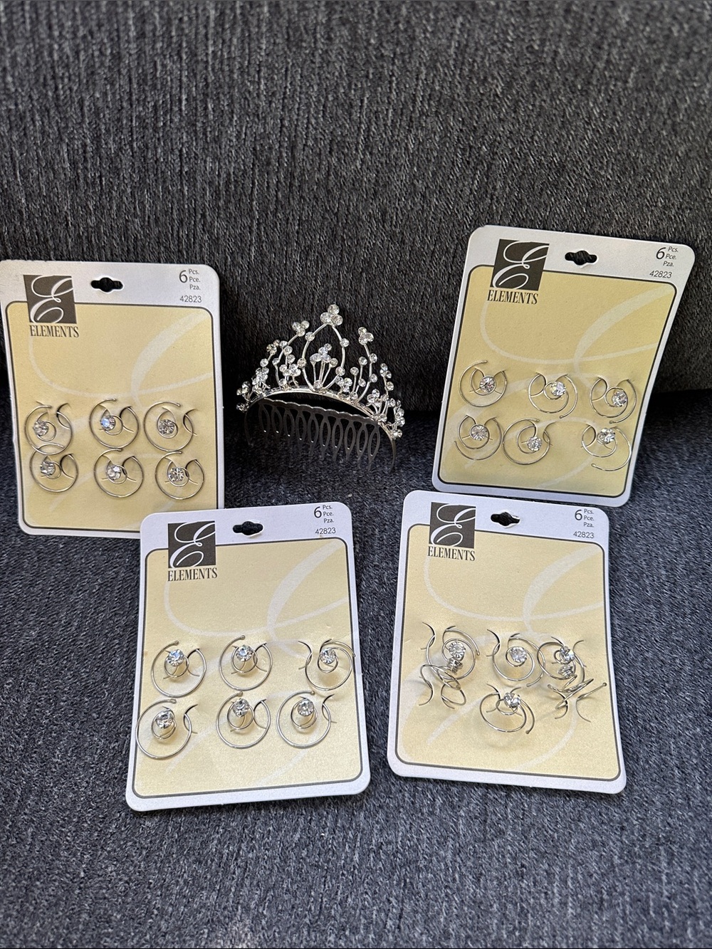 Element Clear Rhinestone Tiara Hair Comb with Matching Silver Earring Sets